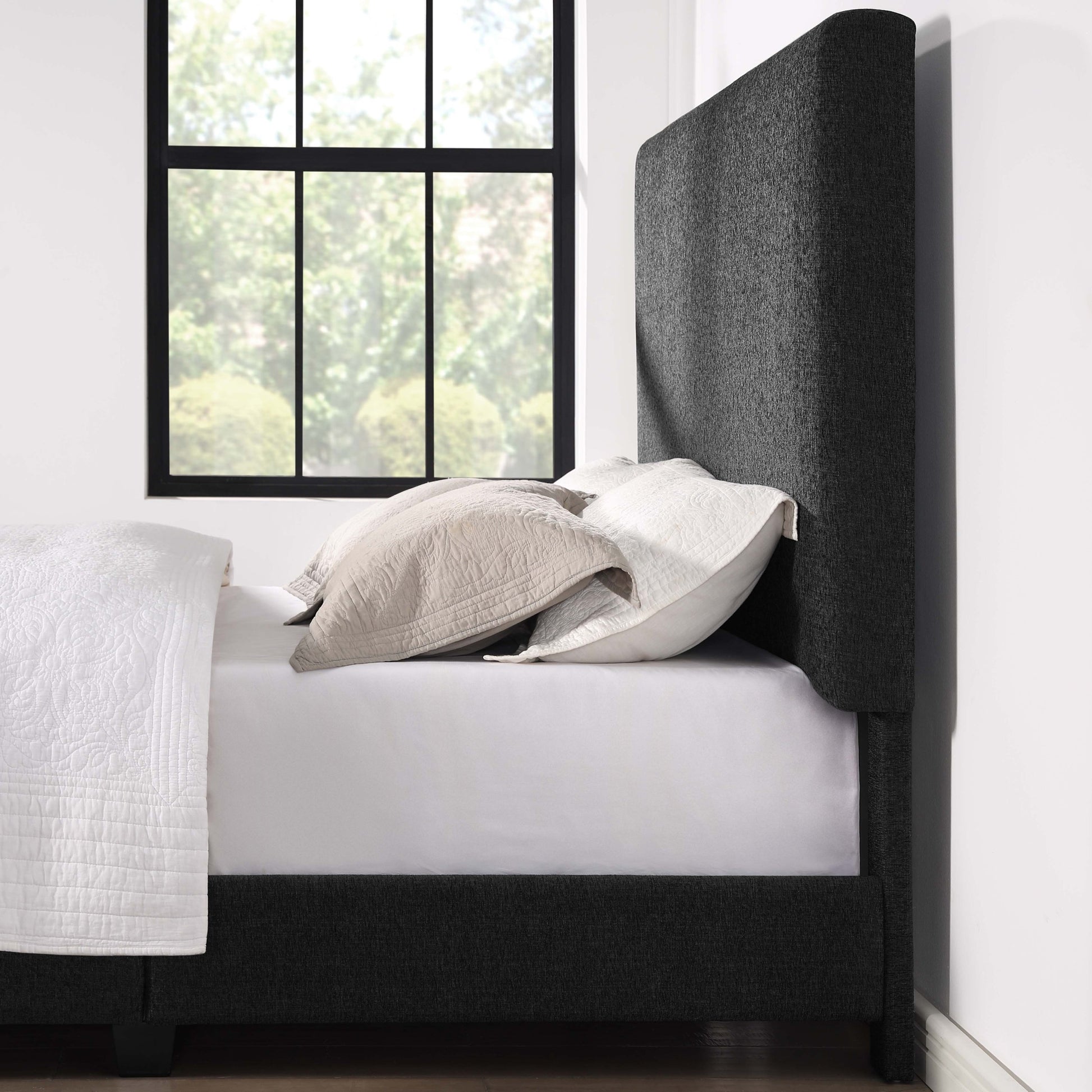 Queen Size Charcoal Grey Upholstered Platform Bed Box Spring Required Queen Grey Wood Bedroom Contemporary,Modern,Transitional Bed Frame Foam Polyester Polyester