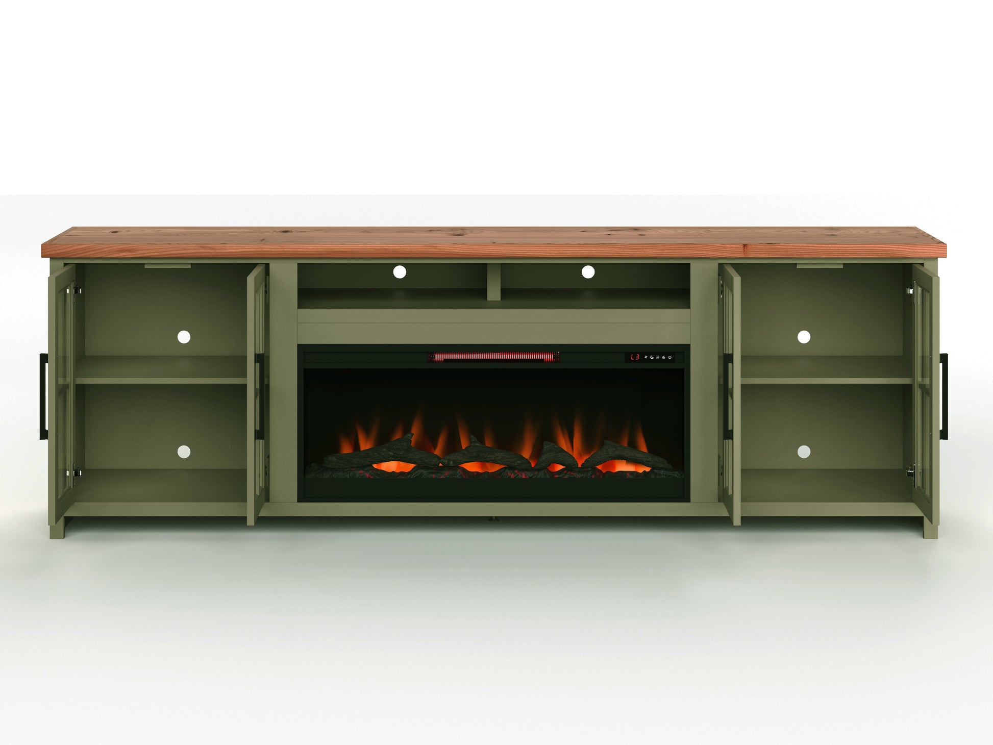Vineyard 97 Inch Fireplace Tv Stand Console For Tvs Up To 100 Inches, Minimal Assembly, Sage Green And Fruitwood Finish 41 50 Electric No Green 400 Vent Free Primary Living Space Coastal,Farmhouse Poplar Yes Insert Wood Electric