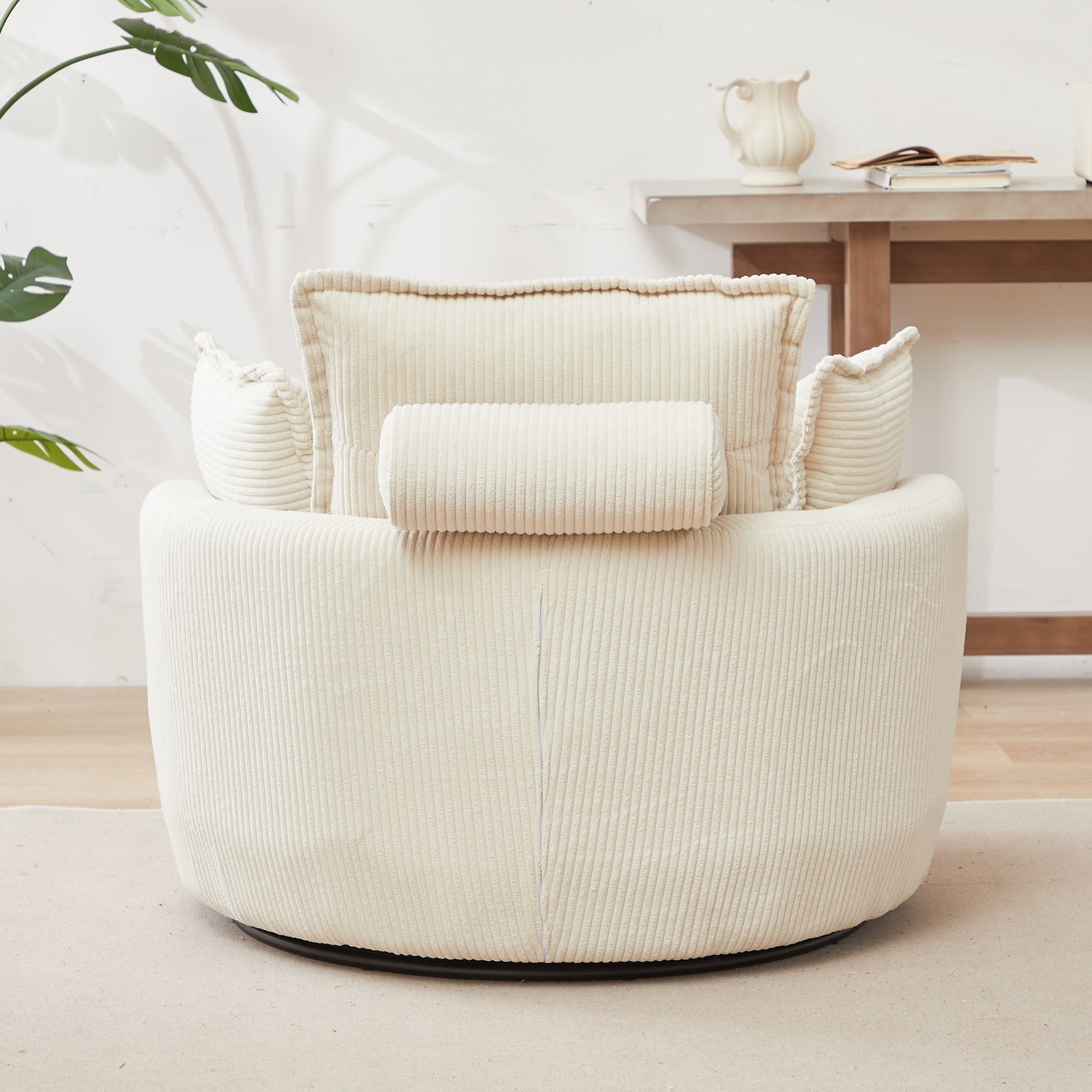 38"W Oversized Swivel Chair With Moon Storage Ottoman For Living Room, Modern Accent Round Loveseat Circle Swivel Barrel Chairs For Bedroom Cuddle Sofa Chair Lounger Armchair, 4 Pillows,Corduroy Beige Foam Corduroy