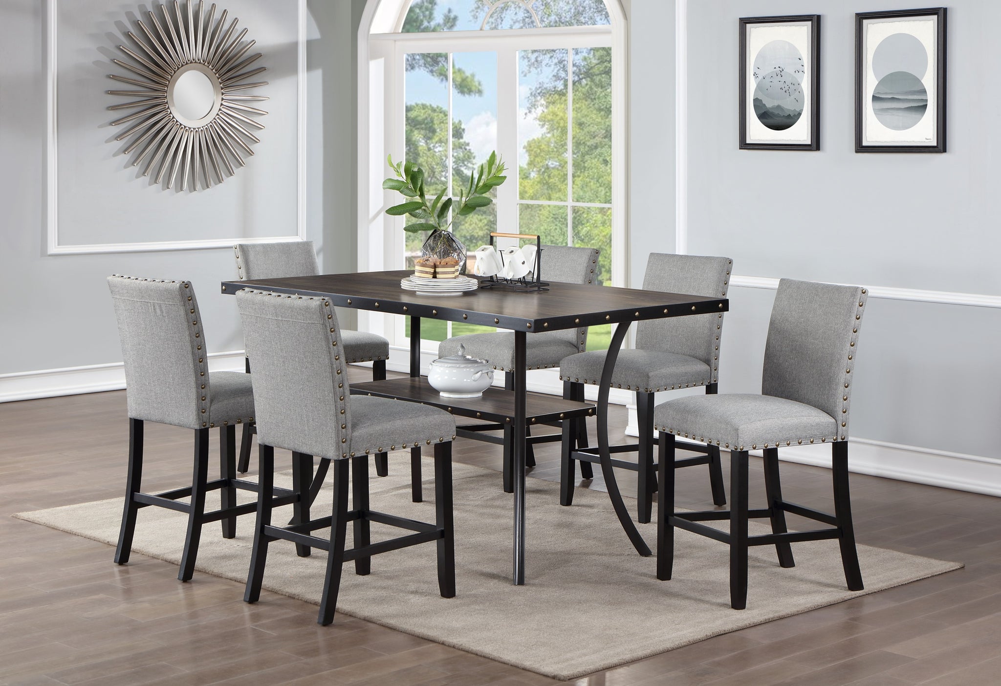 Modern Classic Dining Room Furniture Natural Wooden Dining Table 6X High Chairs Gray Fabric Nail Heads Trim Storage Shelve 7Pc Counter Height Dining Set Wood Dining Room Rubberwood Rectangular Dining Table With Chair Upholstered Chair Wood Gray Solid