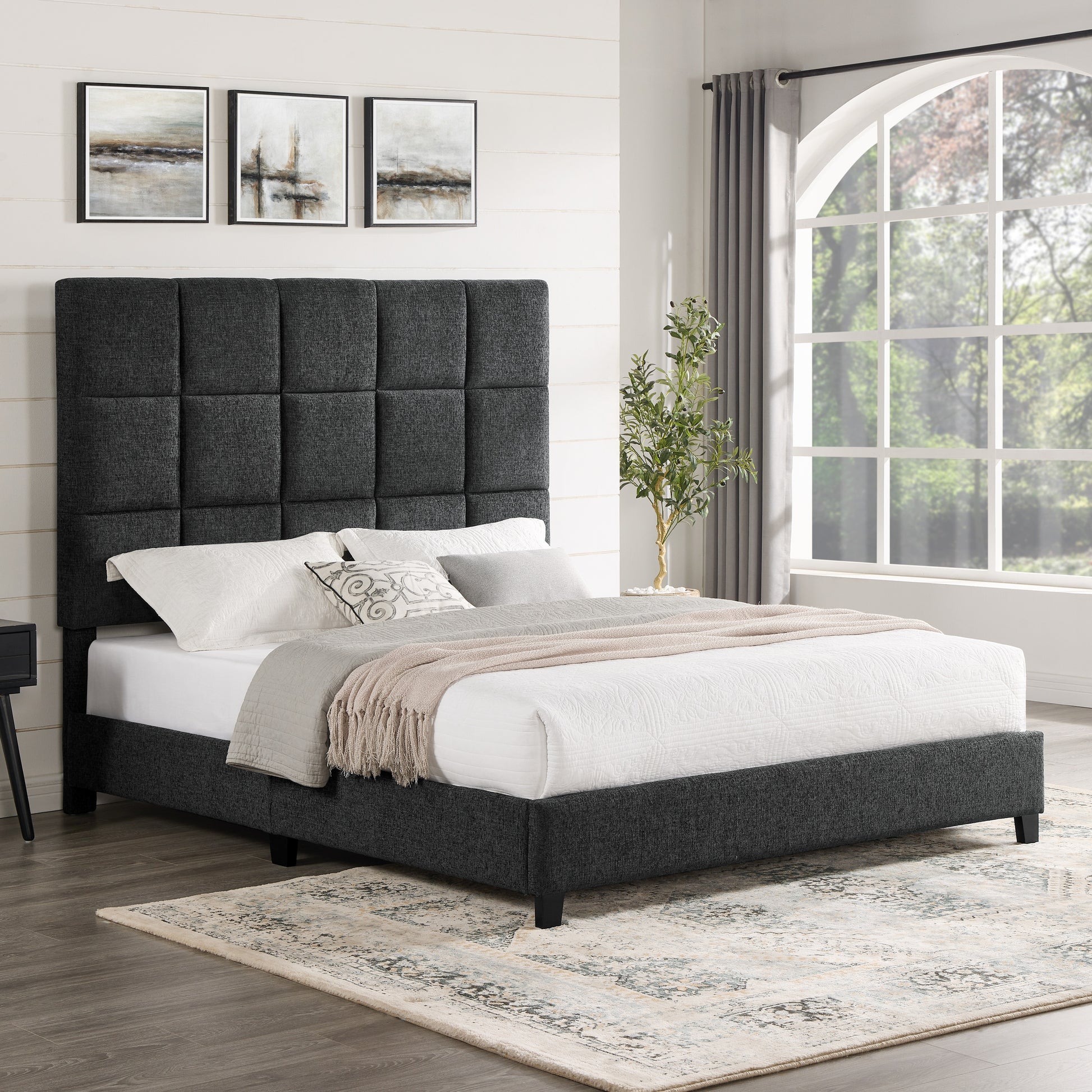 Queen Size Grey Squares Upholstered Platform Bed Box Spring Required Queen Grey Wood Bedroom Contemporary,Modern,Transitional Bed Frame Foam Polyester Polyester