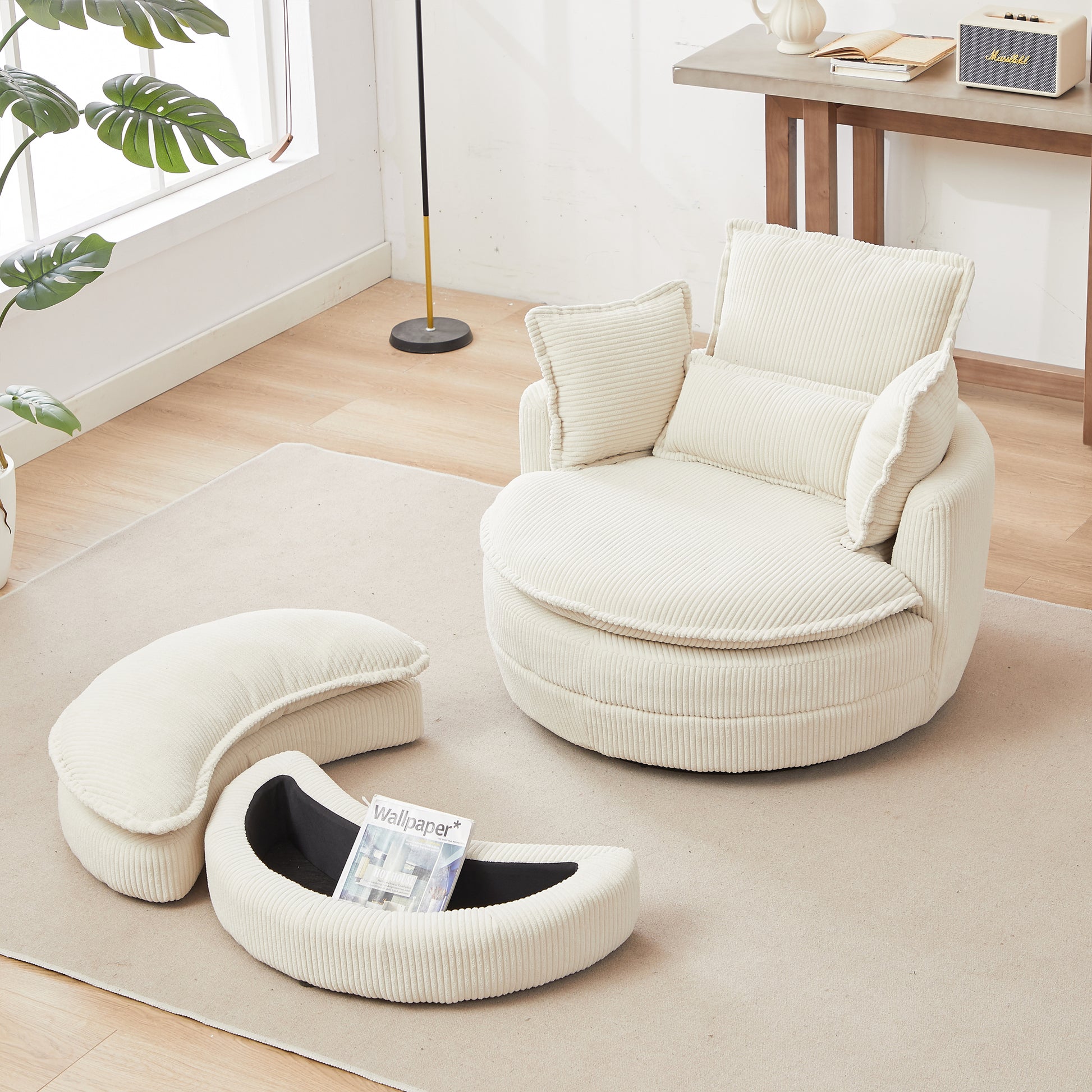 38"W Oversized Swivel Chair With Moon Storage Ottoman For Living Room, Modern Accent Round Loveseat Circle Swivel Barrel Chairs For Bedroom Cuddle Sofa Chair Lounger Armchair, 4 Pillows,Corduroy Beige Foam Corduroy