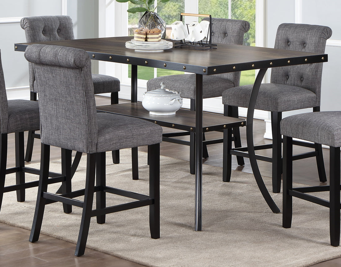 Dining Room Furniture Natural Rectangle Top Dining Table 6X High Chairs Charcoal Fabric Tufted Roll Back Top Chair Storage Shelve 7Pc Counter Height Dining Set Wood Dining Room Rubberwood Rectangular Dining Table With Chair Upholstered Chair Wood