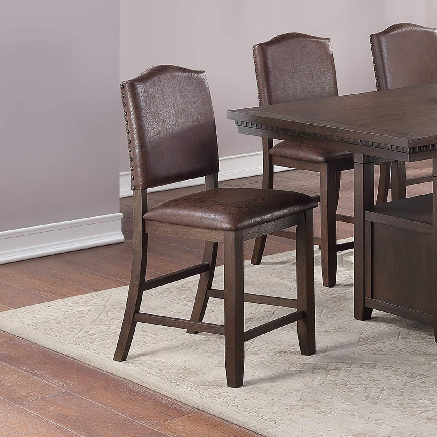 Classic Design Rustic Espresso Finish Faux Leather Set Of 2Pc High Chairs Dining Room Furniture Counter Height Chairs Foam Cushion Dining Room Espresso Brown Dining Room Contemporary,Modern Dining Chairs Rubberwood Solid Back Set Of 2 Solid Wood