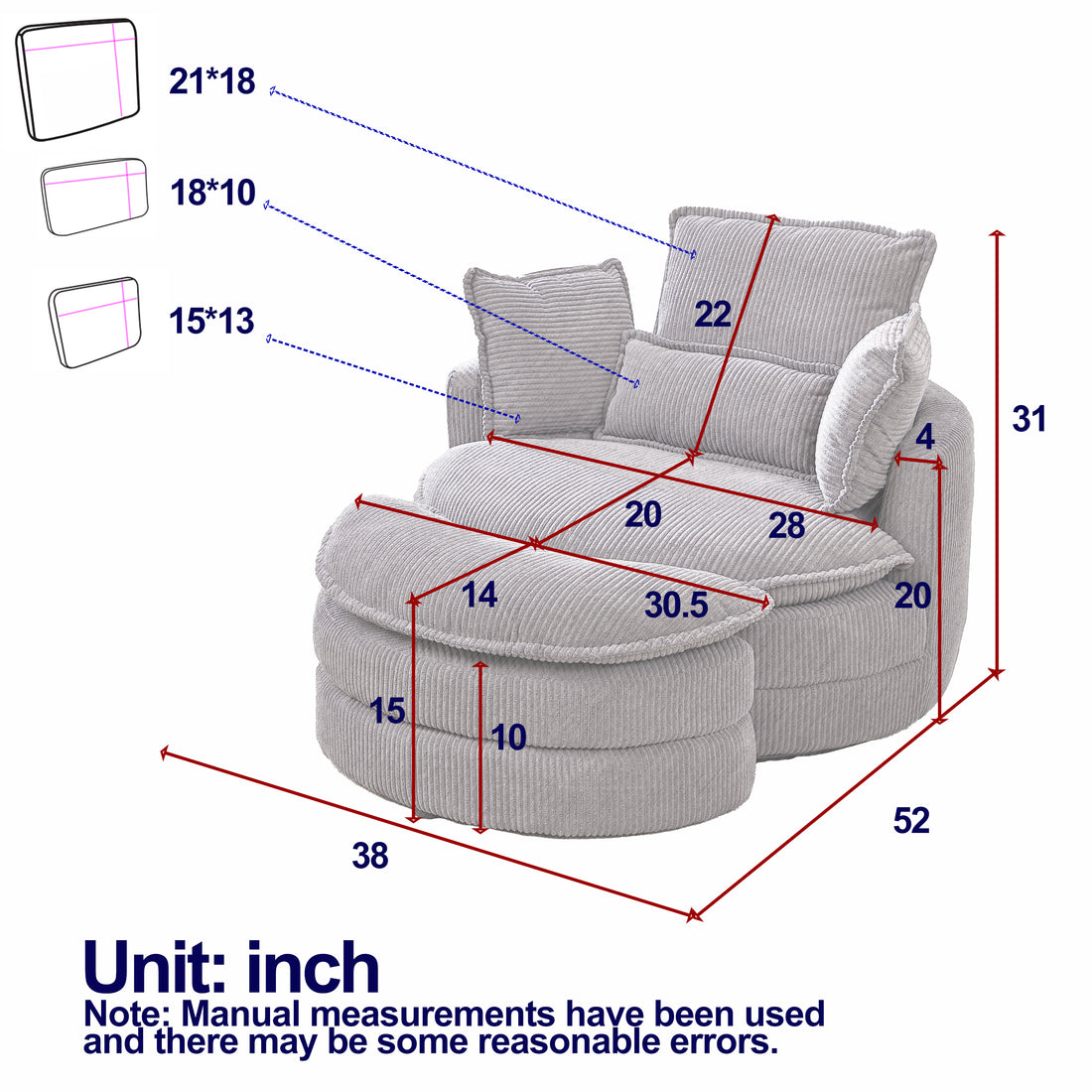 38"W Oversized Swivel Chair With Moon Storage Ottoman For Living Room, Modern Accent Round Loveseat Circle Swivel Barrel Chairs For Bedroom Cuddle Sofa Chair Lounger Armchair, 4 Pillows,Corduroy Yellow Foam Corduroy 1 Seat