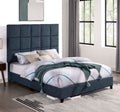 Queen Size Navy Blue Denim Squares Upholstered Platform Bed Box Spring Required Queen Blue Wood Bedroom Contemporary,Modern,Transitional Bed Frame Foam Polyester Polyester