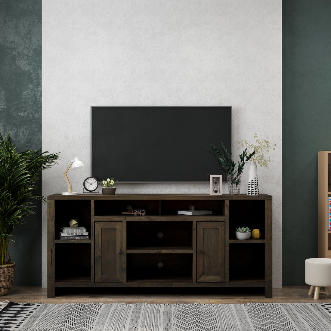 Joshua Creek 74 Inch Tv Stand Console For Tvs Up To 85 Inches, No Assembly Required, Barnwood Finish Brown Brown Primary Living Space 70 79 Inches 80 89 Inches Rustic,Transitional Alder 85 Inches Wood