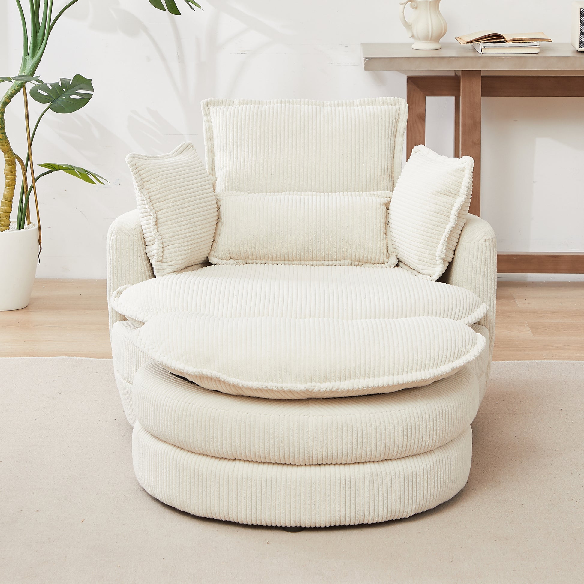 38"W Oversized Swivel Chair With Moon Storage Ottoman For Living Room, Modern Accent Round Loveseat Circle Swivel Barrel Chairs For Bedroom Cuddle Sofa Chair Lounger Armchair, 4 Pillows,Corduroy Beige Foam Corduroy