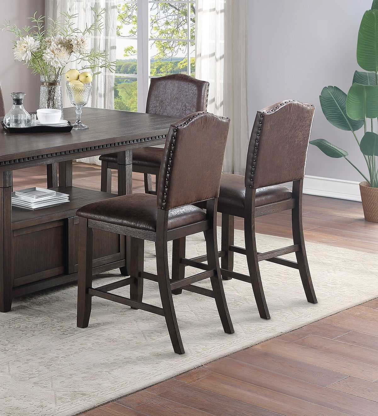 Classic Design Rustic Espresso Finish Faux Leather Set Of 2Pc High Chairs Dining Room Furniture Counter Height Chairs Foam Cushion Dining Room Espresso Brown Dining Room Contemporary,Modern Dining Chairs Rubberwood Solid Back Set Of 2 Solid Wood