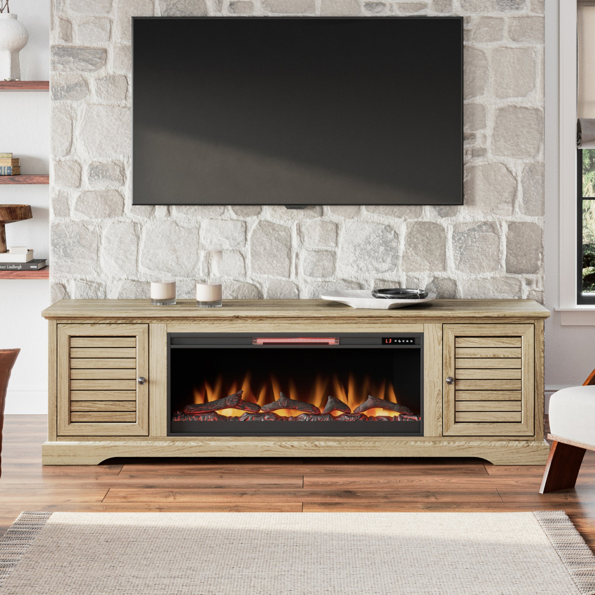 Topanga 83 Inch Electric Fireplace Tv Console For Tvs Up To 95 Inches, Minimal Assembly, Alabaster Finish 41 50 Electric No Beige 400 Vent Free Primary Living Space Coastal,Rustic,Transitional Oak Yes Insert Wood Electric