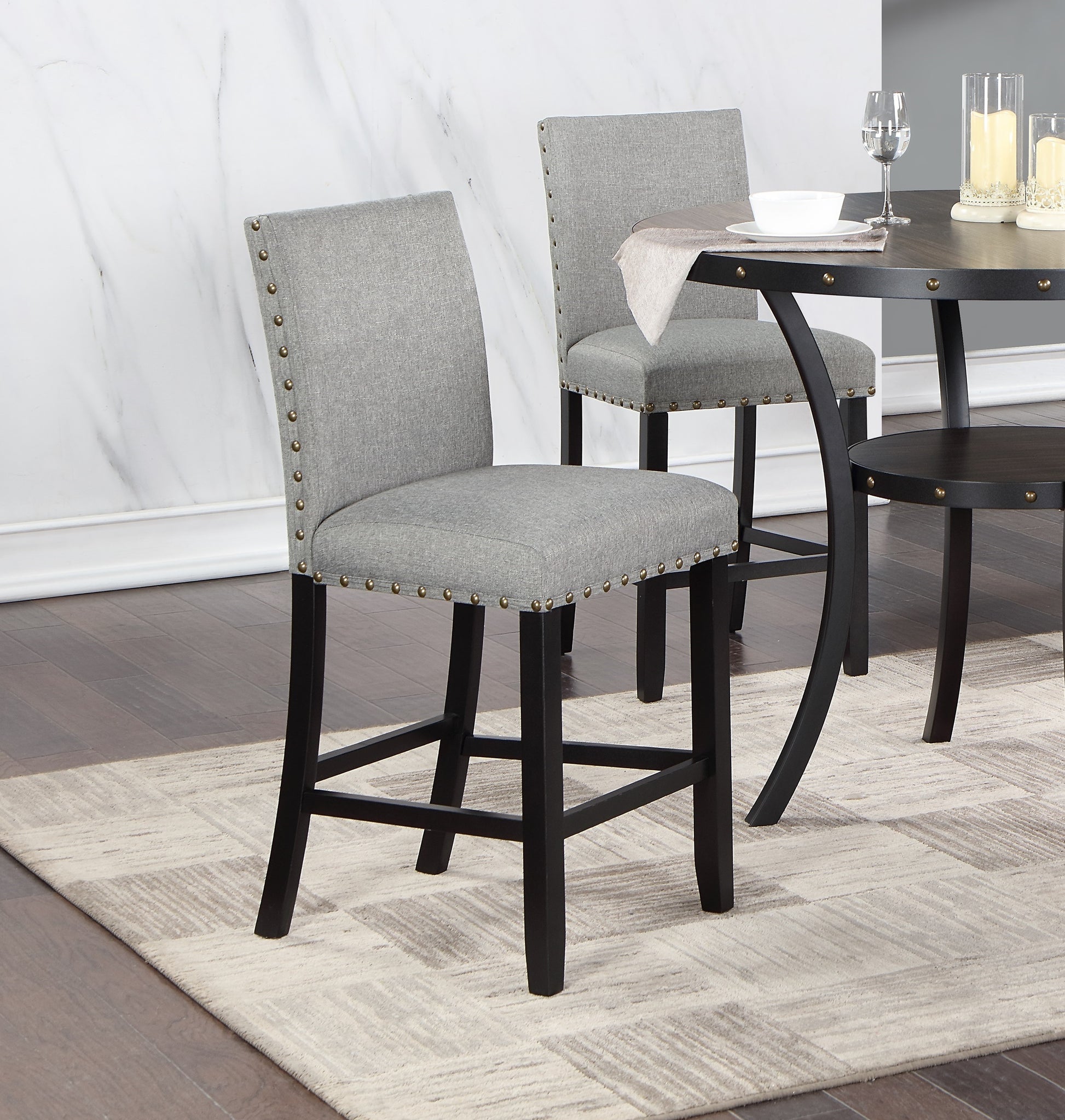 Grey Fabric Modern Set Of 2Pcs Dining Chairs Plush Cushion High Chairs Nailheads Trim Counter Height Chair Kitchen Dining Room Gray Dining Room Foam Contemporary,Modern,Transitional Dining Chairs Rubberwood Solid Back Set Of 2 Solid Wood