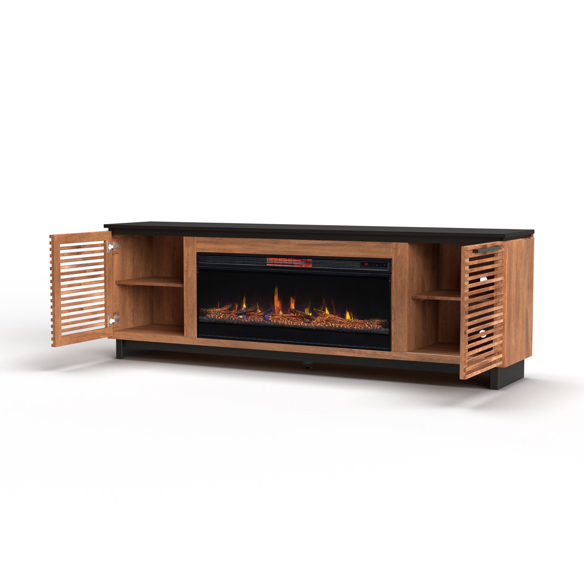 Graceland 86 Inch Fireplace Tv Stand Console For Tvs Up To 100 Inches, Minimal Assembly, Black With Bourbon Finish Electric Brown Primary Living Space Poplar Yes Insert Electric 41 50 No Brown 400 Vent Free Contemporary,Modern,Scandinavian Wood