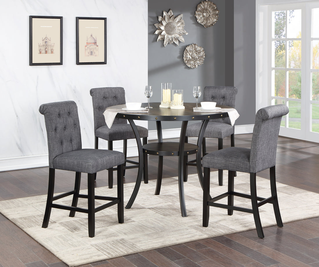 Dining Room Furniture Natural Wood Round Dining Table 4X High Chairs Charcoal Fabric Tufted Roll Back Top Chair Storage Shelve 5Pc Counter Height Dining Set Wood Dining Room Rubberwood Round Dining Table With Chair Upholstered Chair Wood Charcoal Grey