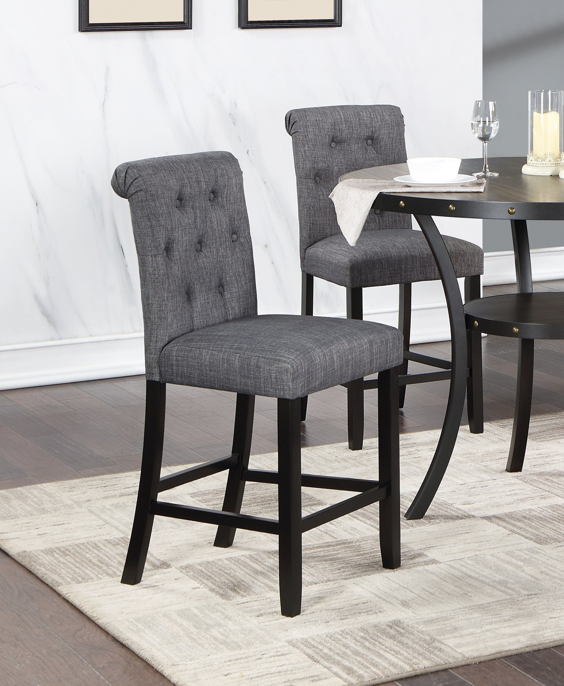 Charcoal Fabric Set Of 2Pc Counter Height Dining Chairs Contemporary Plush Cushion High Chairs Tufted Back Chair Kitchen Dining Room Charcoal Grey Dining Room Foam Contemporary,Modern,Transitional Dining Chairs Rubberwood Tufted Back Set Of 2 Solid Wood