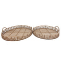 Round Shaped Bamboo Tray With Curved Handle, Set Of 2, Brown Brown Bamboo