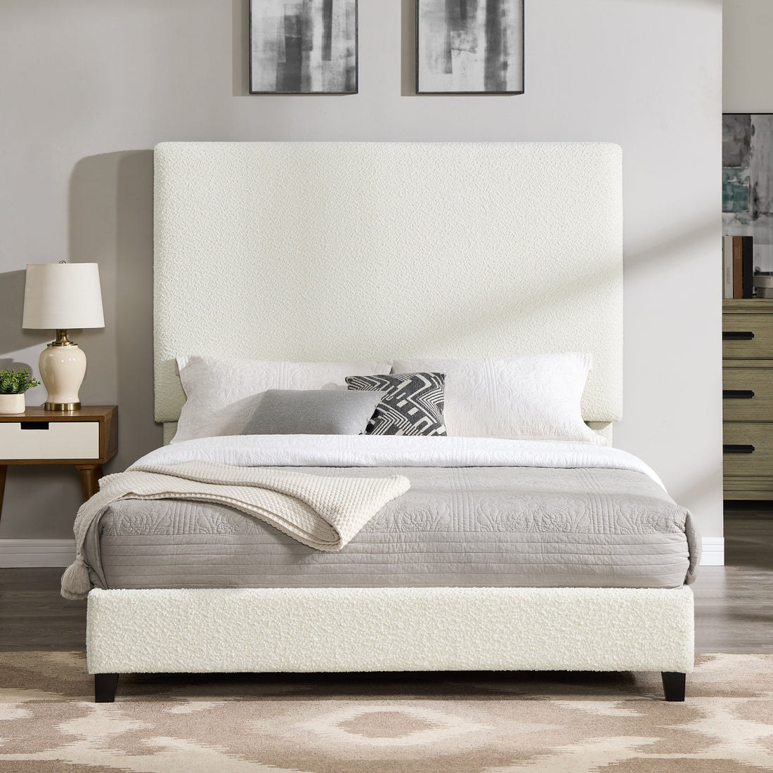 Queen Size White Boucle Upholstered Platform Bed Box Spring Required Queen White Wood Bedroom Contemporary,Modern,Transitional Bed Frame Foam Boucle Polyester