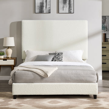 Queen Size White Boucle Upholstered Platform Bed Box Spring Required Queen White Wood Bedroom Contemporary,Modern,Transitional Bed Frame Foam Boucle Polyester