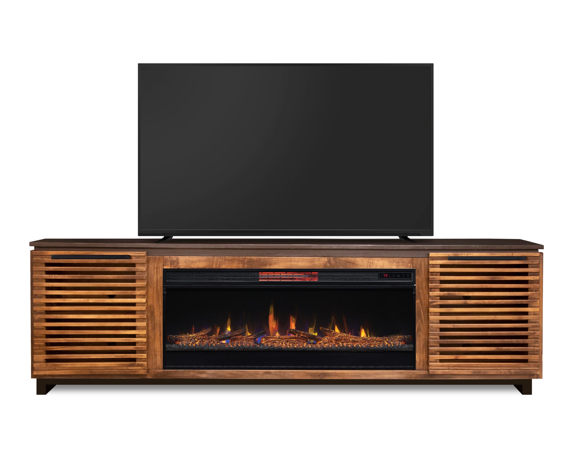 Graceland 86 Inch Fireplace Tv Stand Console For Tvs Up To 100 Inches, Minimal Assembly, Black With Bourbon Finish Electric Brown Primary Living Space Poplar Yes Insert Electric 41 50 No Brown 400 Vent Free Contemporary,Modern,Scandinavian Wood