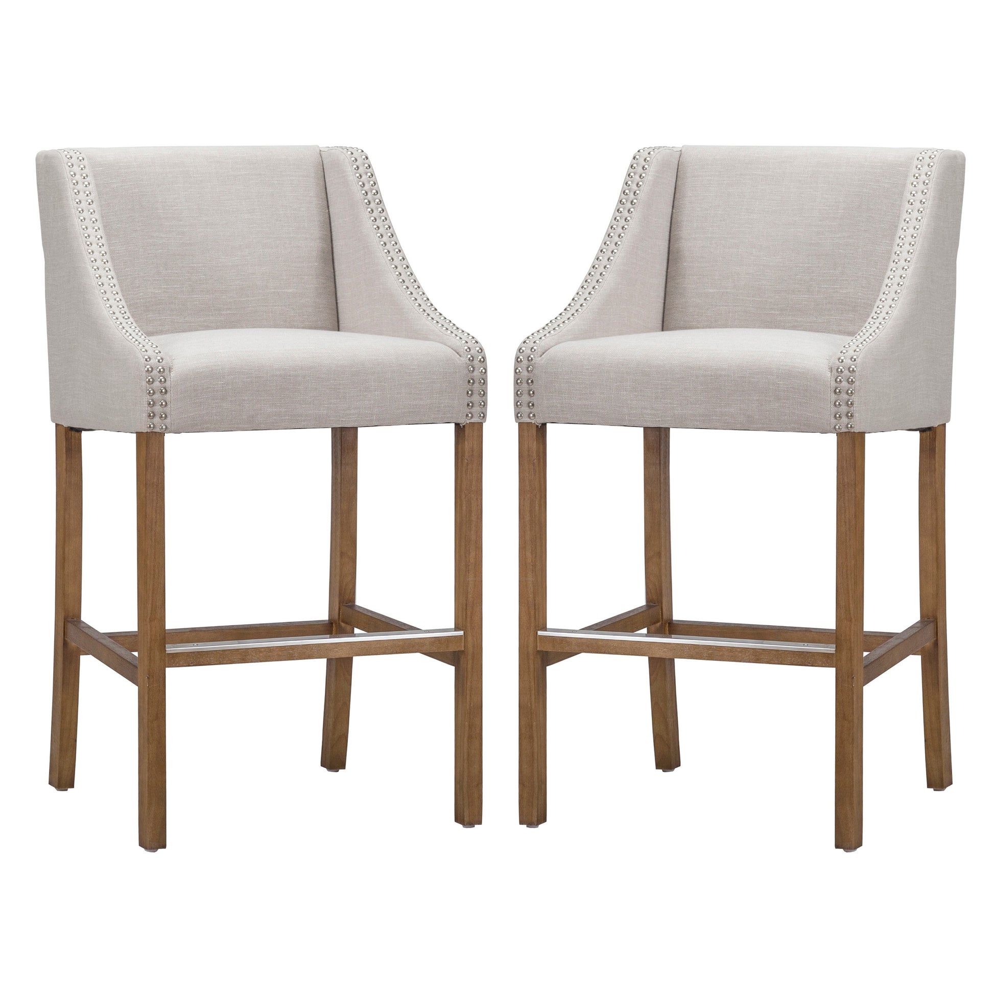 Wood And Fabric Barstool With Swooping Arms And Nail Head Trim, Set Of 2, Beige And Brown Beige Brown Wood Fabric