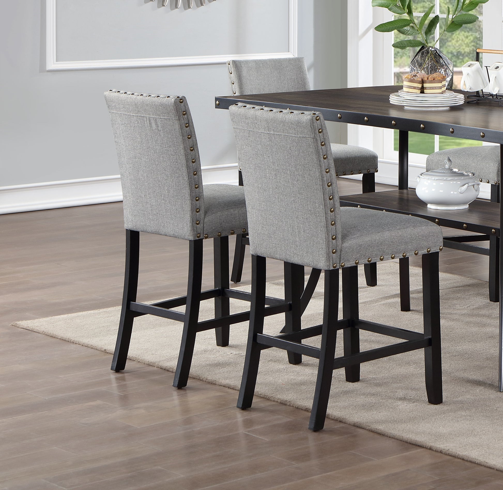 Modern Classic Dining Room Furniture Natural Wooden Dining Table 6X High Chairs Gray Fabric Nail Heads Trim Storage Shelve 7Pc Counter Height Dining Set Wood Dining Room Rubberwood Rectangular Dining Table With Chair Upholstered Chair Wood Gray Solid