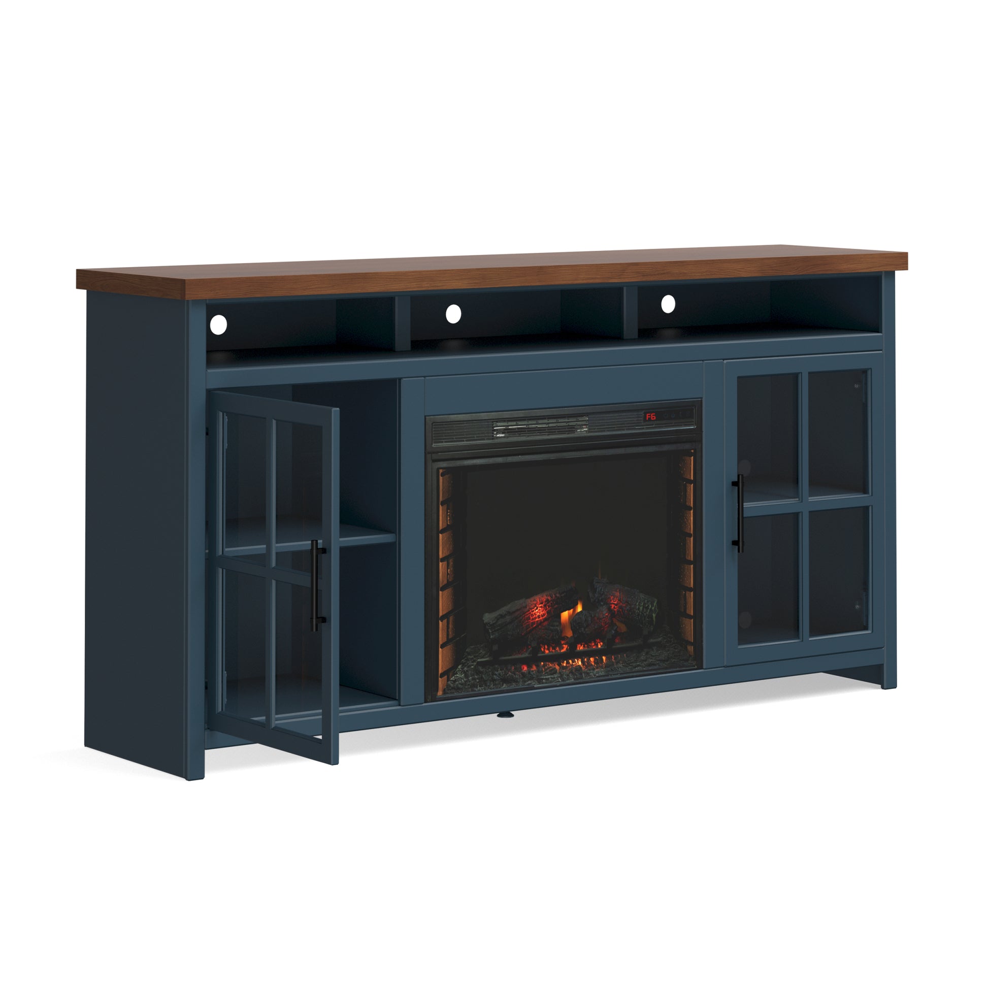 Nantucket 74 Inch Fireplace Tv Stand Console For Tvs Up To 85 Inches, Minimal Assembly, Blue Denim And Whiskey Finish Up To 40 Electric No Blue 400 Vent Free Primary Living Space Coastal,Farmhouse Poplar Yes Insert Wood Electric