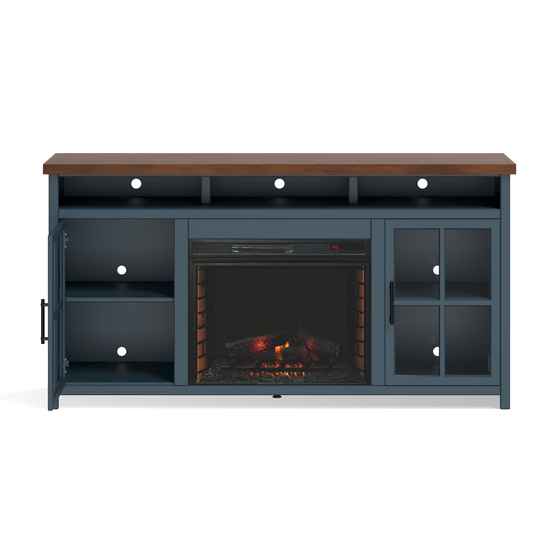 Nantucket 74 Inch Fireplace Tv Stand Console For Tvs Up To 85 Inches, Minimal Assembly, Blue Denim And Whiskey Finish Up To 40 Electric No Blue 400 Vent Free Primary Living Space Coastal,Farmhouse Poplar Yes Insert Wood Electric
