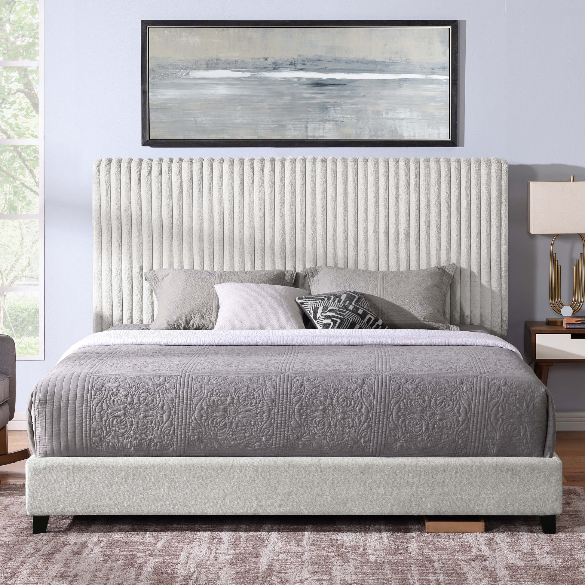 King Size Minky Stone Upholstered Platform Bed Box Spring Required King Stone Gray Wood Bedroom Contemporary,Modern,Transitional Bed Frame Foam Polyester Polyester