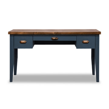 Nantucket 53 Inch Writing Desk, No Assembly Required, Blue Denim And Whiskey Finish Blue Keyboard Tray Writting Desk Office Coastal,Farmhouse Freestanding Poplar Rectangular Drawers Desk Wood