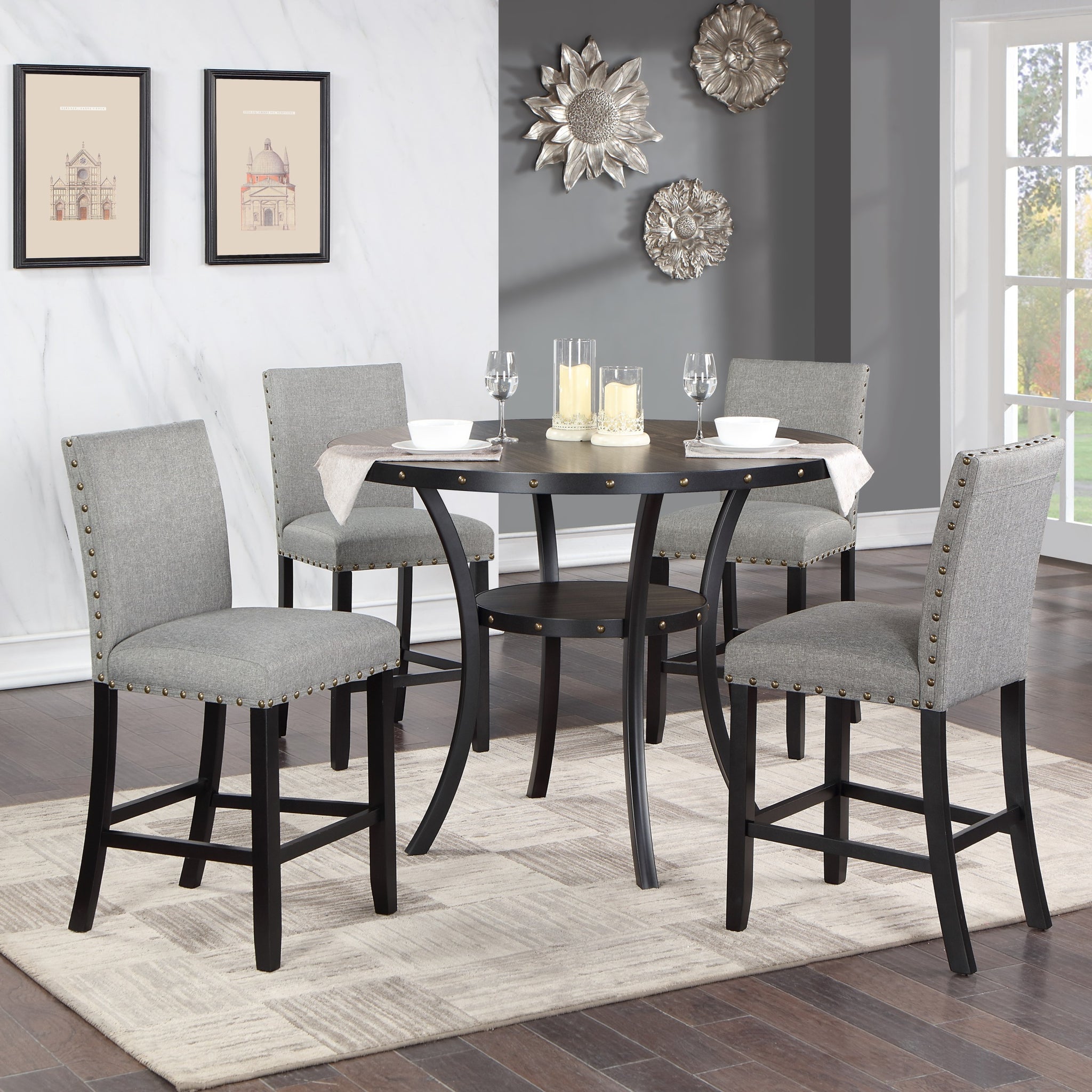 Dining Room Furniture Natural Wooden Round Dining Table 4X High Chairs Gray Fabric Nail Heads Trim Storage Shelve 5Pc Counter Height Dining Set Wood Dining Room Rubberwood Round Dining Table With Chair Upholstered Chair Wood Gray Solid Back Seats 4 48