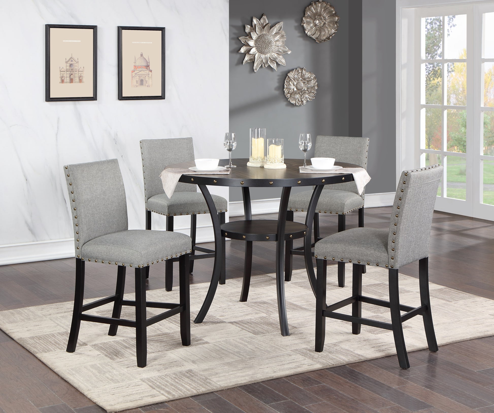 Dining Room Furniture Natural Wooden Round Dining Table 4X High Chairs Gray Fabric Nail Heads Trim Storage Shelve 5Pc Counter Height Dining Set Wood Dining Room Rubberwood Round Dining Table With Chair Upholstered Chair Wood Gray Solid Back Seats 4 48