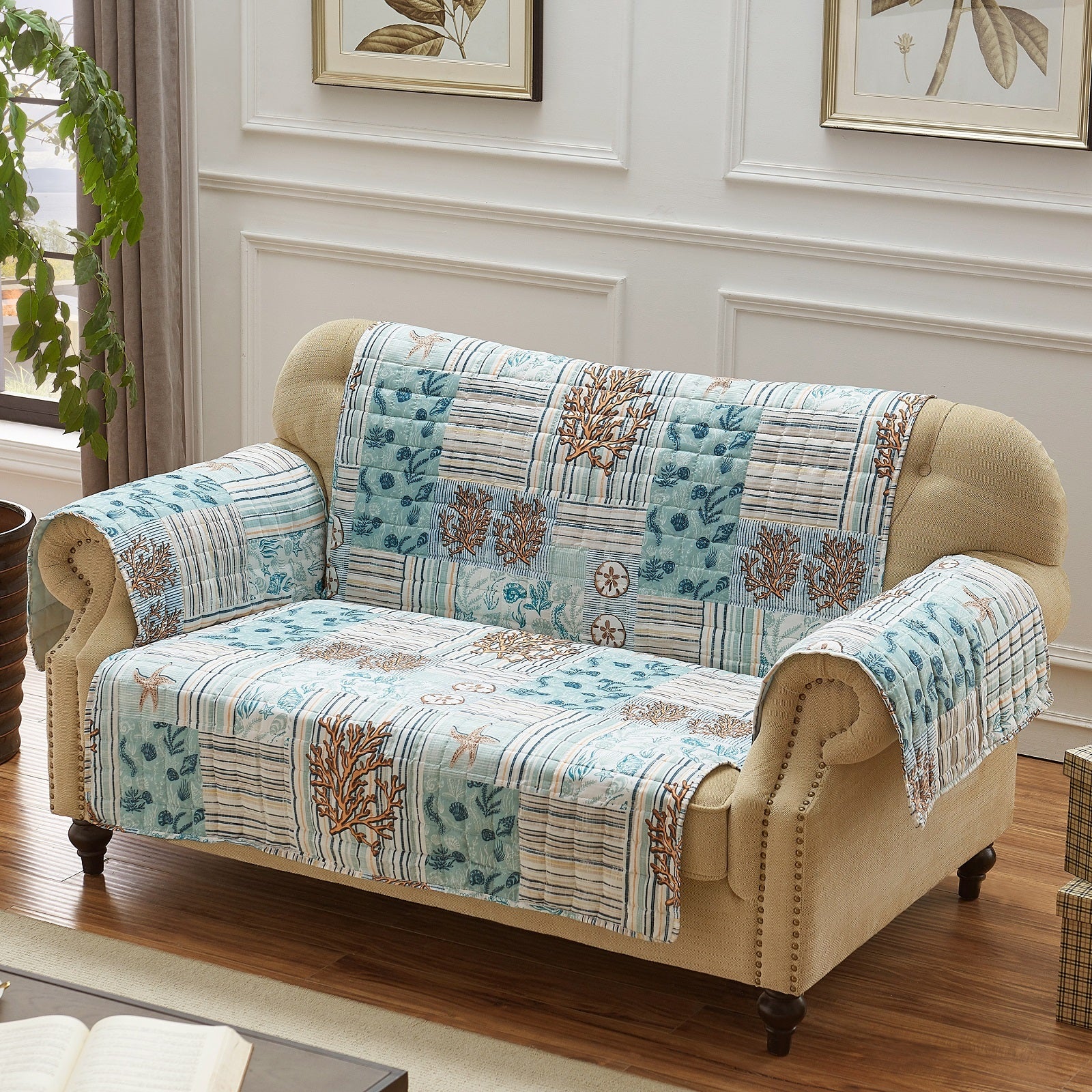 Reversible Loveseat Protector, Polyester, Coral Print, Elastic Strap, Blue Blue Fabric