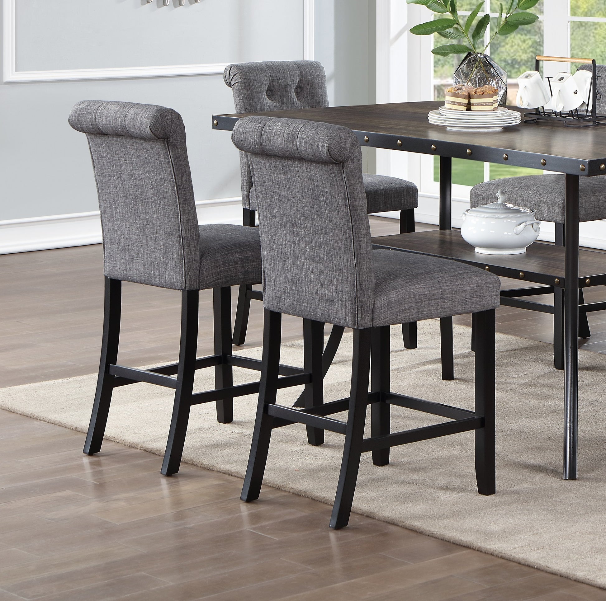 Charcoal Fabric Set Of 2Pc Counter Height Dining Chairs Contemporary Plush Cushion High Chairs Tufted Back Chair Kitchen Dining Room Charcoal Grey Dining Room Foam Contemporary,Modern,Transitional Dining Chairs Rubberwood Tufted Back Set Of 2 Solid Wood