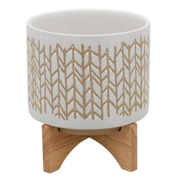 Planter With Chevron Pattern And Wooden Stand, Large, Off White White Ceramic Mdf