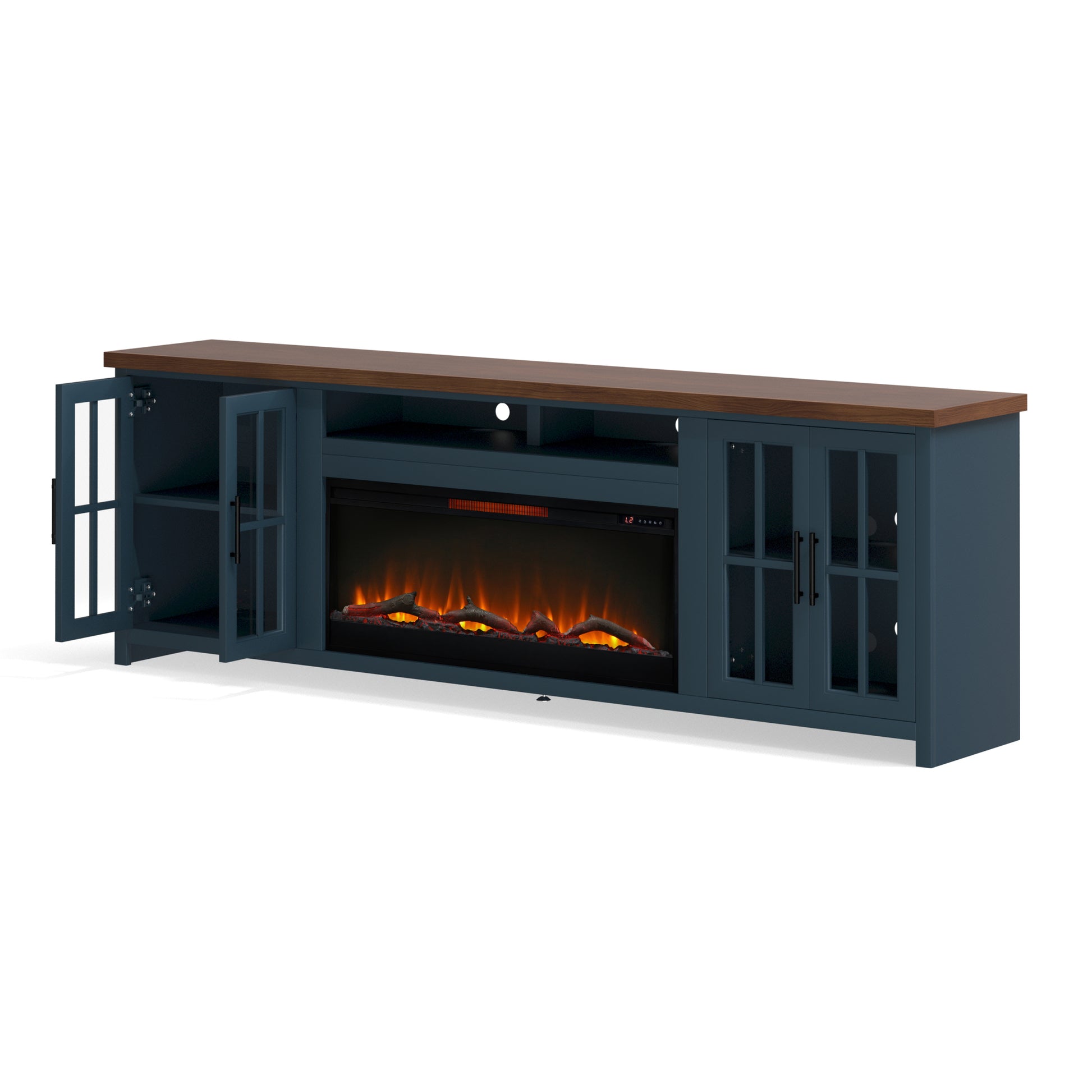 Nantucket 97 Inch Fireplace Tv Stand Console For Tvs Up To 100 Inches, Minimal Assembly, Blue Denim And Whiskey Finish 41 50 Electric No Blue 400 Vent Free Primary Living Space Coastal,Farmhouse Poplar Yes Insert Wood Electric
