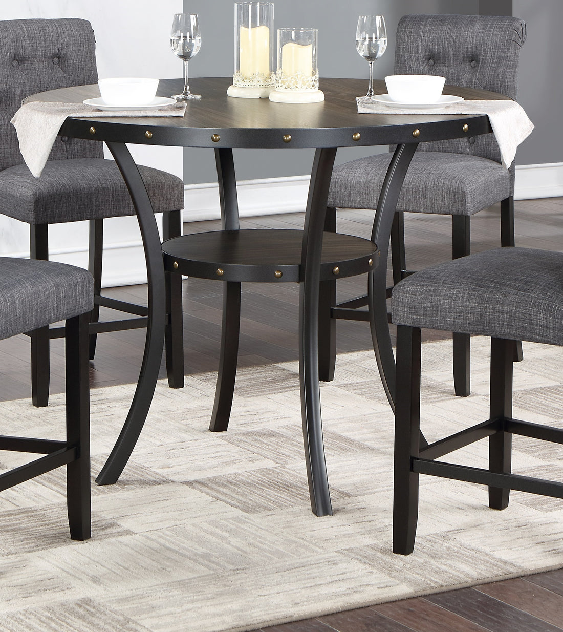 Dining Room Furniture Natural Wood Round Dining Table 4X High Chairs Charcoal Fabric Tufted Roll Back Top Chair Storage Shelve 5Pc Counter Height Dining Set Wood Dining Room Rubberwood Round Dining Table With Chair Upholstered Chair Wood Charcoal Grey