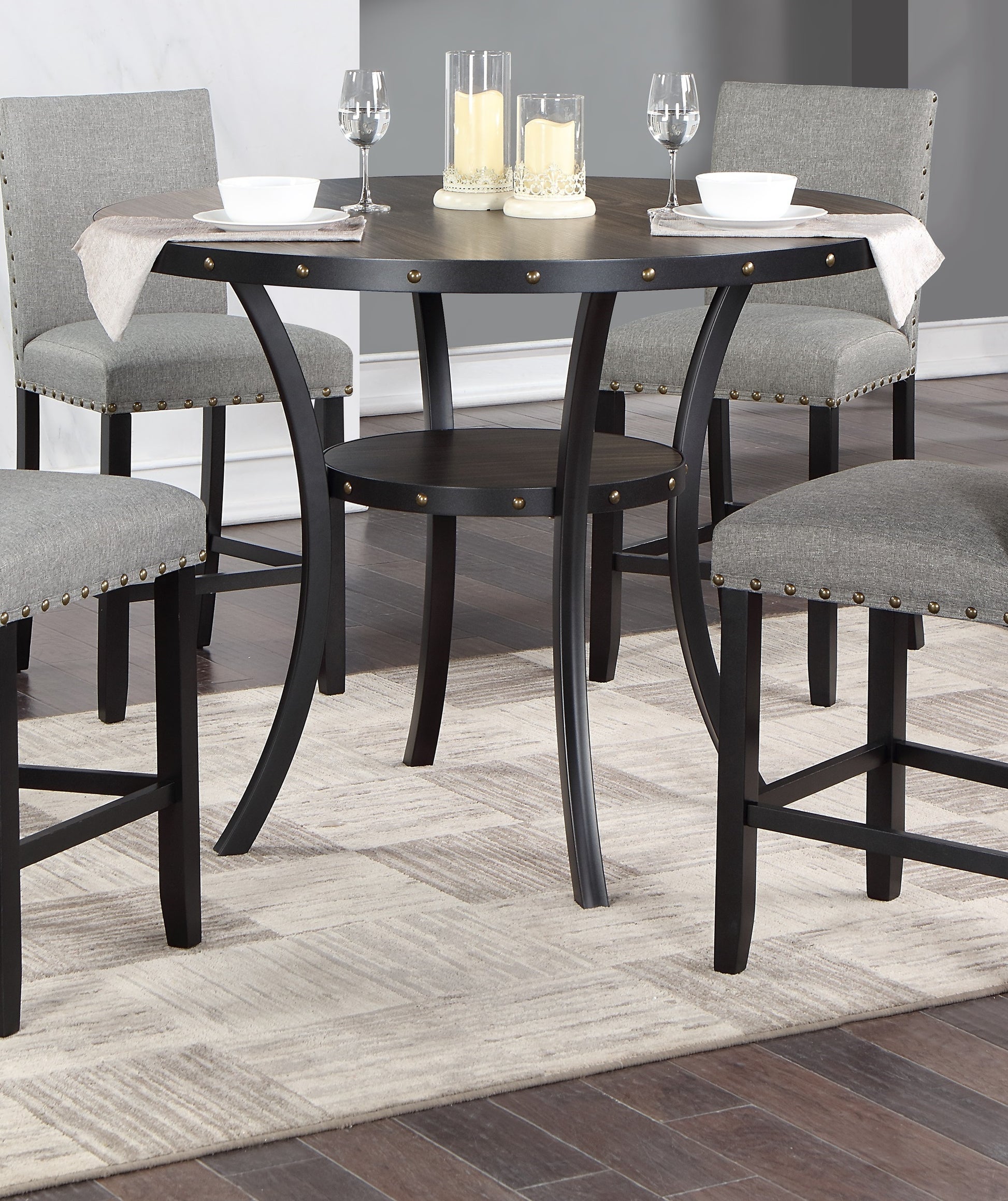 Dining Room Furniture Natural Wooden Round Dining Table 4X High Chairs Gray Fabric Nail Heads Trim Storage Shelve 5Pc Counter Height Dining Set Wood Dining Room Rubberwood Round Dining Table With Chair Upholstered Chair Wood Gray Solid Back Seats 4 48