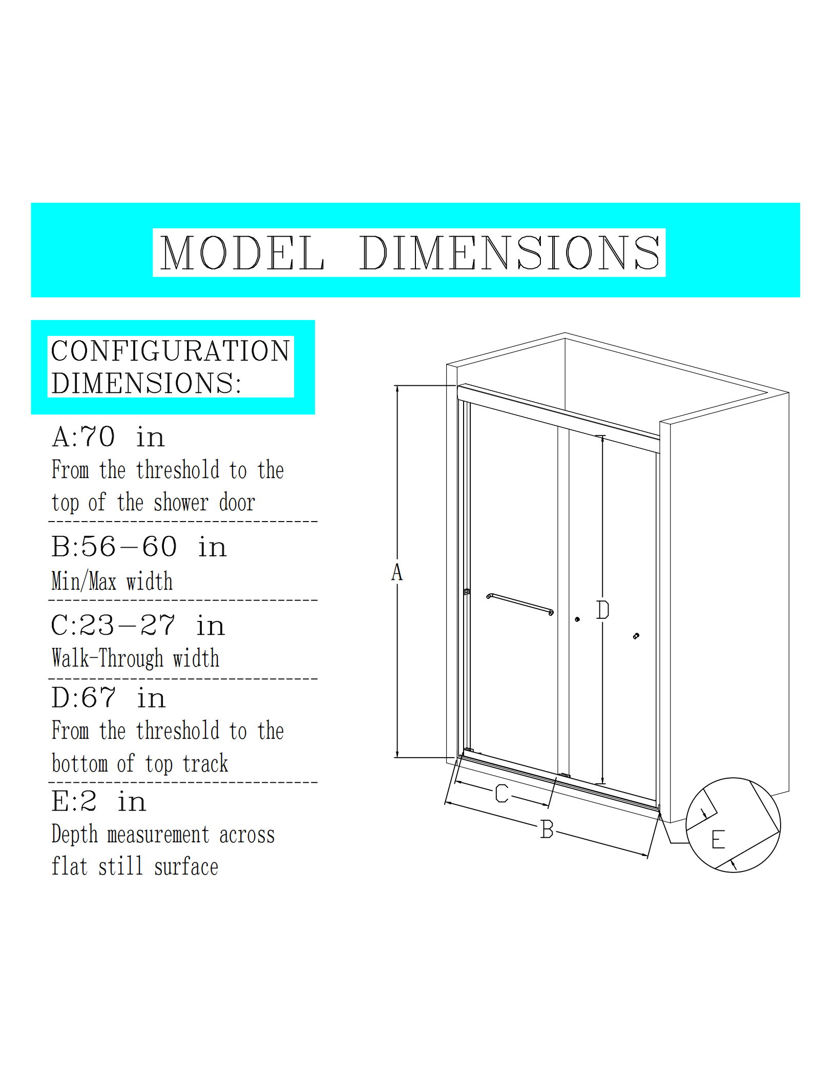 56" 60"W*70" H Semi Frameless Double Sliding Shower Door, Bypass Shower Door, 1 4" 6Mm Thick Sgcc Tempered Glass Door, Matte Black Black Glass Metal