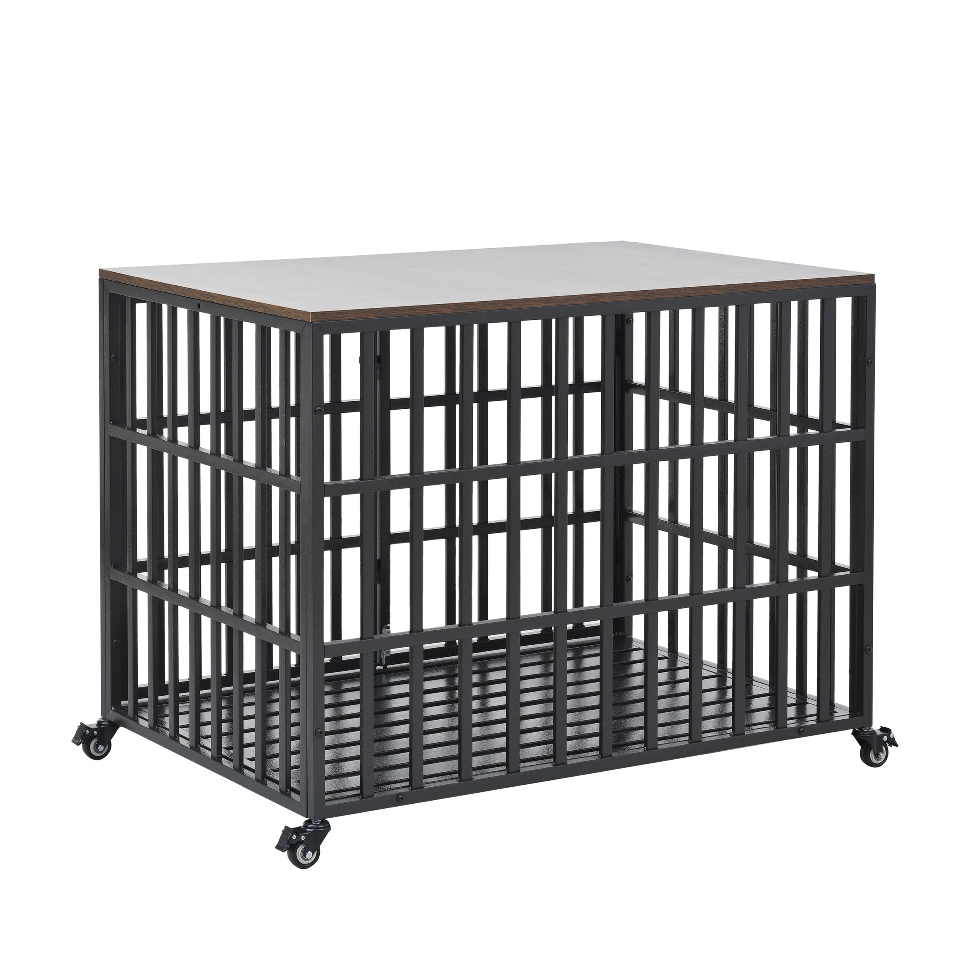 42" Heavy Duty Dog Crate For Large Medium Dogs, Furniture Style Cage With 4 Lockable Wheels And 2 Locks, Decorative Pet House Wooden Cage Kennel Furniture Indoor Black Carbon Steel