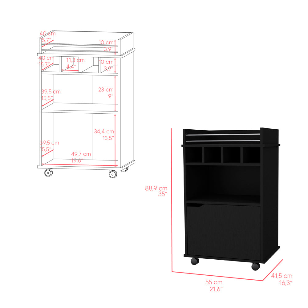 Bar Cart Kinsley, Living Room, Black Black Particle Board Engineered Wood