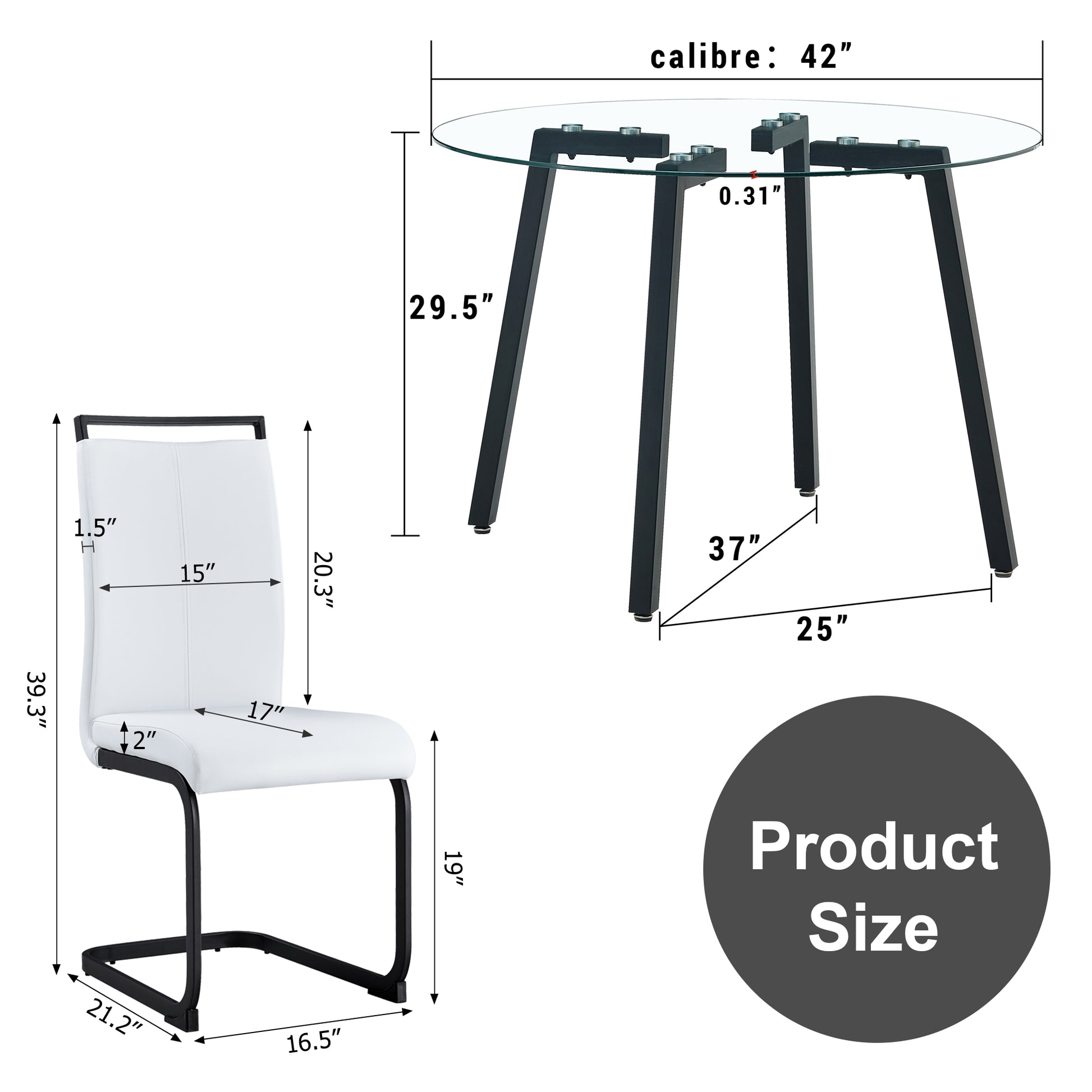 Modern Simple Style Round Transparent Tempered Glass Table, Black Metal Legs, 4 Modern Pu Leather High Backrest Cushioned Side Chairs, C Tube Chrome Legs Drt 1123R C 1162 Transparent Glass