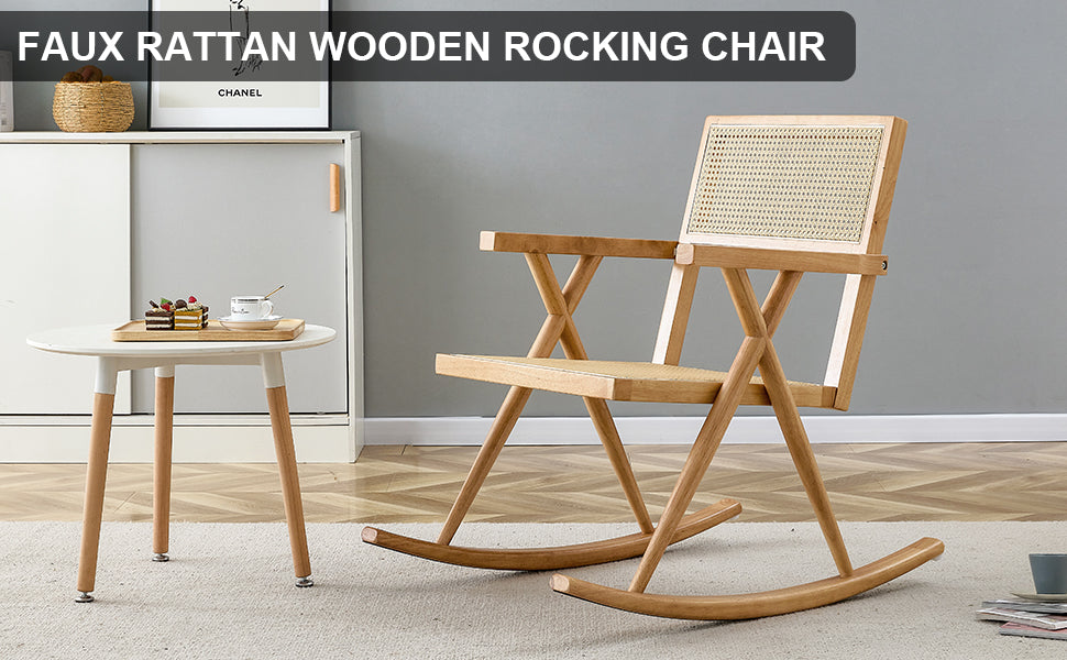 Solid Wood Imitation Rattan Rocking Chair Allows You To Relax Quietly Indoors And Outdoors, Enhancing Your Sense Of Relaxation, Suitable For Balconies, Gardens, And Camping Sites Natural Wood Solid