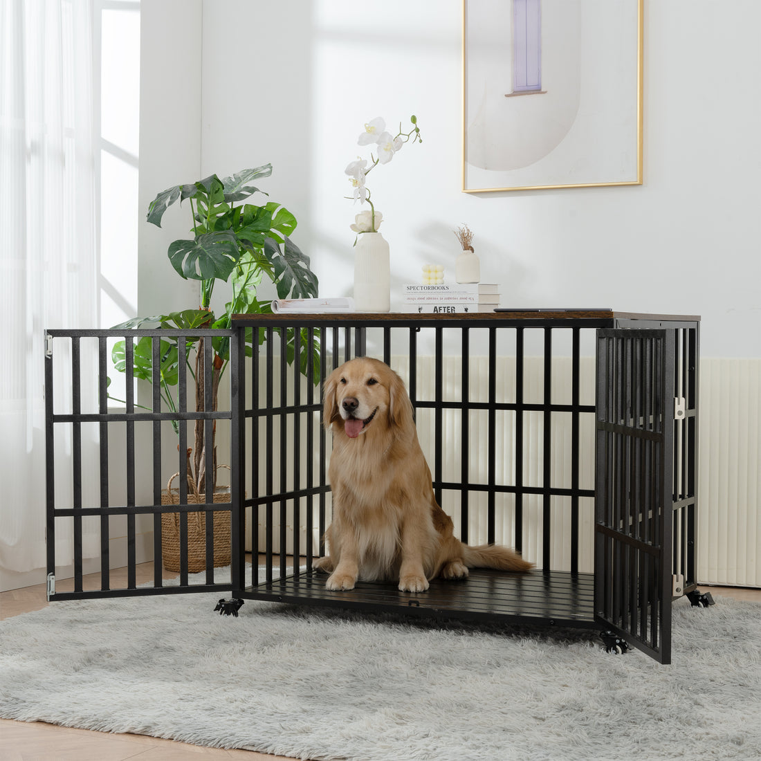 42" Heavy Duty Dog Crate For Large Medium Dogs, Furniture Style Cage With 4 Lockable Wheels And 2 Locks, Decorative Pet House Wooden Cage Kennel Furniture Indoor Black Carbon Steel