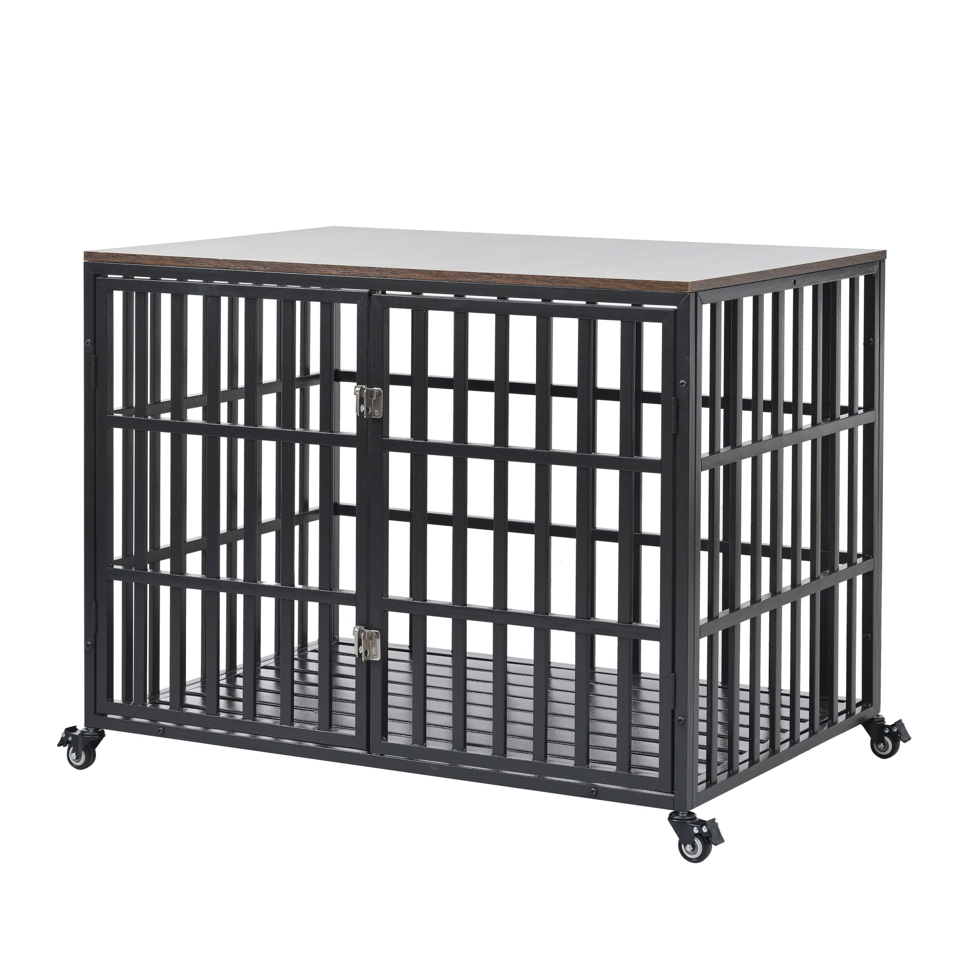 42" Heavy Duty Dog Crate For Large Medium Dogs, Furniture Style Cage With 4 Lockable Wheels And 2 Locks, Decorative Pet House Wooden Cage Kennel Furniture Indoor Black Carbon Steel