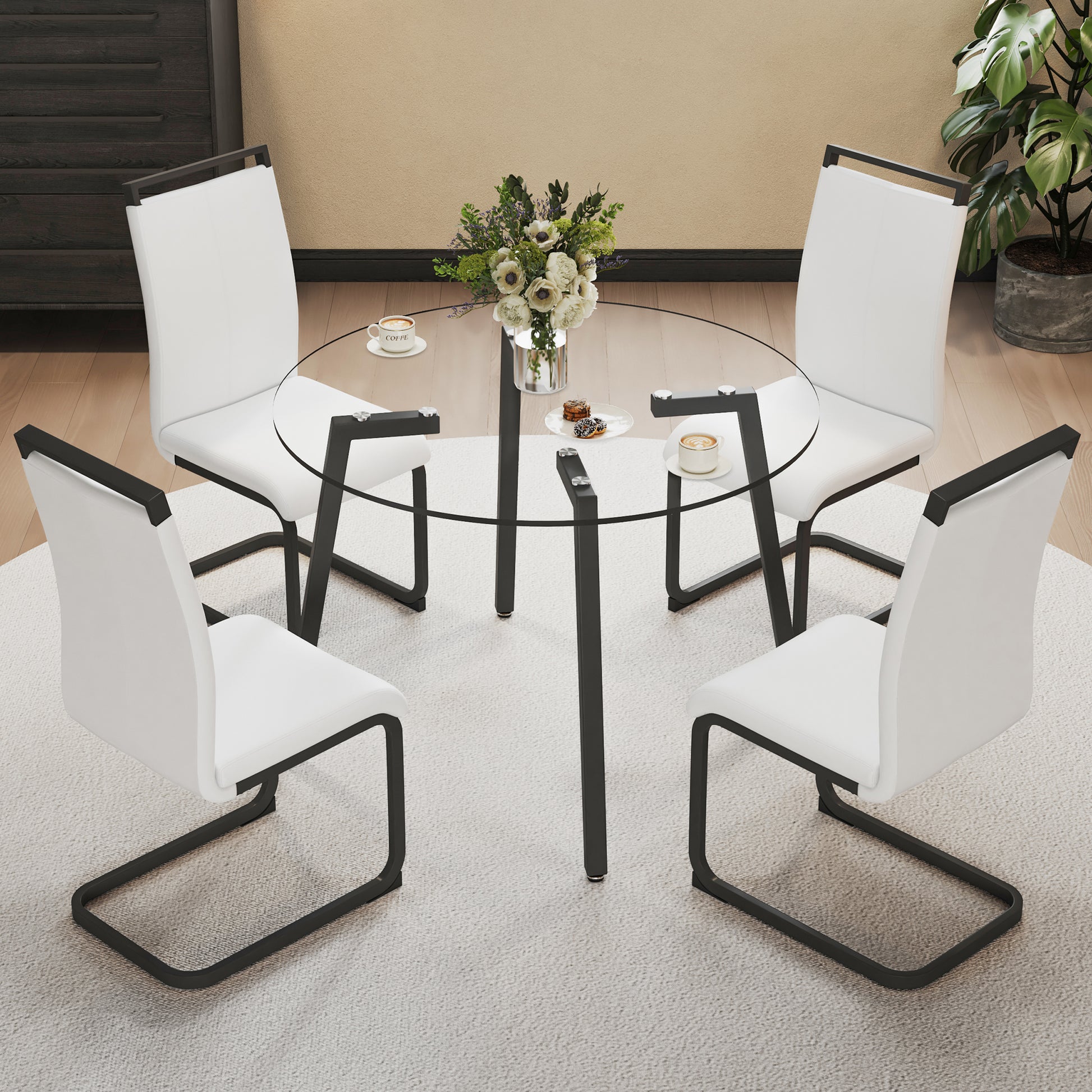 Modern Simple Style Round Transparent Tempered Glass Table, Black Metal Legs, 4 Modern Pu Leather High Backrest Cushioned Side Chairs, C Tube Chrome Legs Drt 1123R C 1162 Transparent Glass