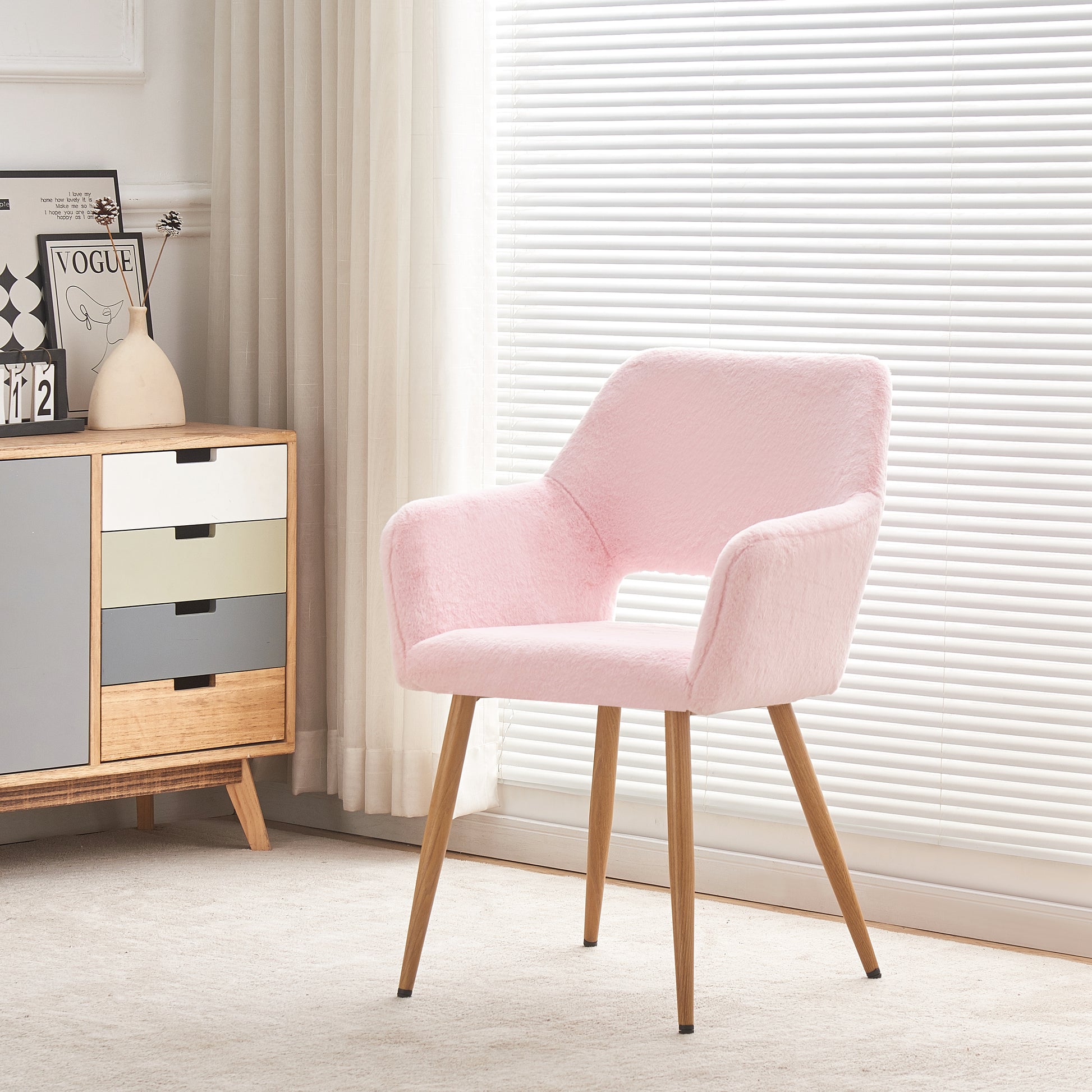 Pink Faux Fur Vanity Chair, Cute Vanity Chair For Girls Women Modern Upholstered Faux Fur Armchair With Metal Legs For Makeup Bedroom Living Room Pink Beige Brown Fabric