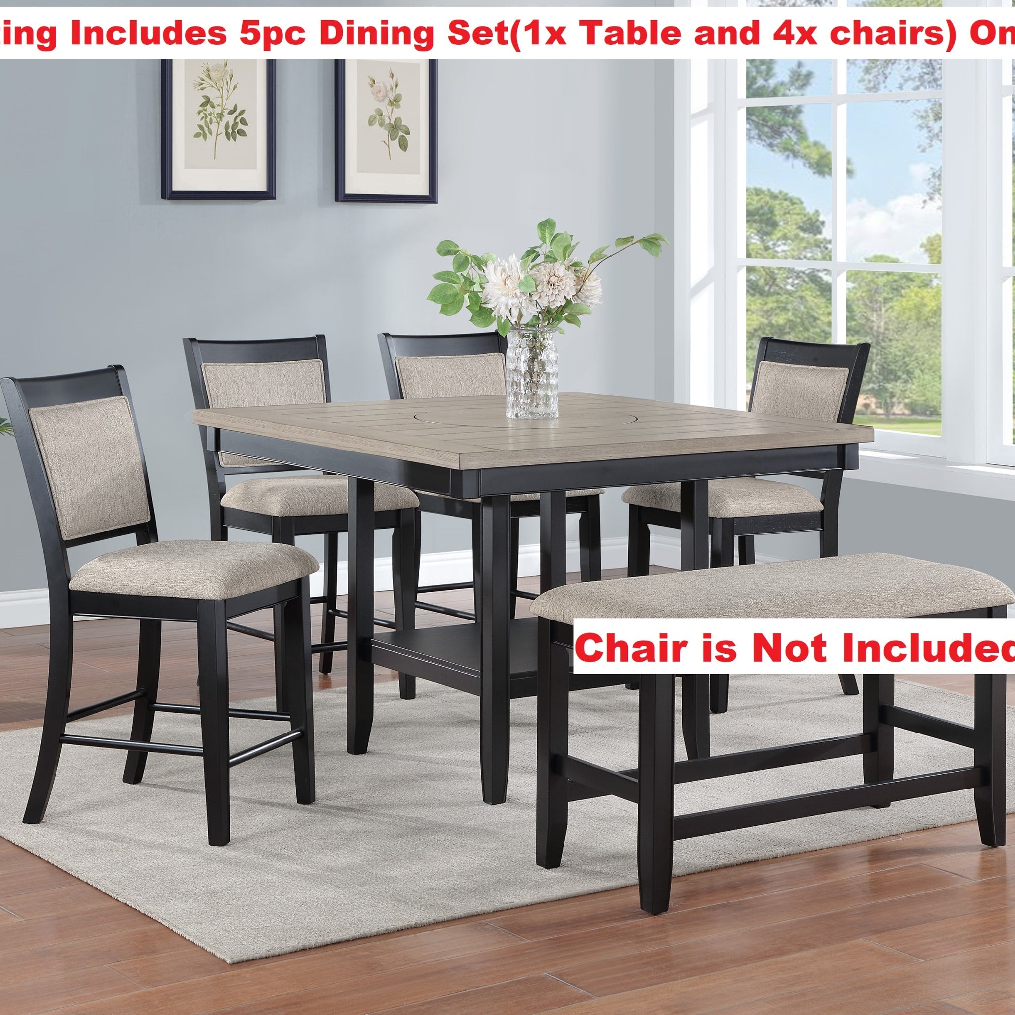 5Pc Dining Set Contemporary Farmhouse Style Counter Height W 20 Inch Lazy Susan Light Gray Finish Fabric Upholstered Chairs Wooden Wood Veneers Solid Wood Dining Room Furniture Upholstered Chair Wood Brown Light Gray Seats 4 Wood Dining Room