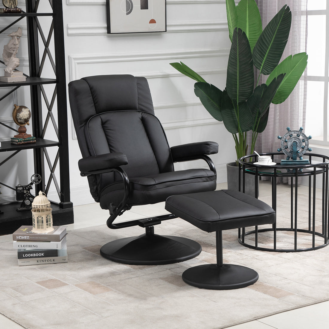 Homcom Swivel Recliner, Manual Pu Leather Armchair With Ottoman Footrest For Living Room, Office, Bedroom, Black Black Linen