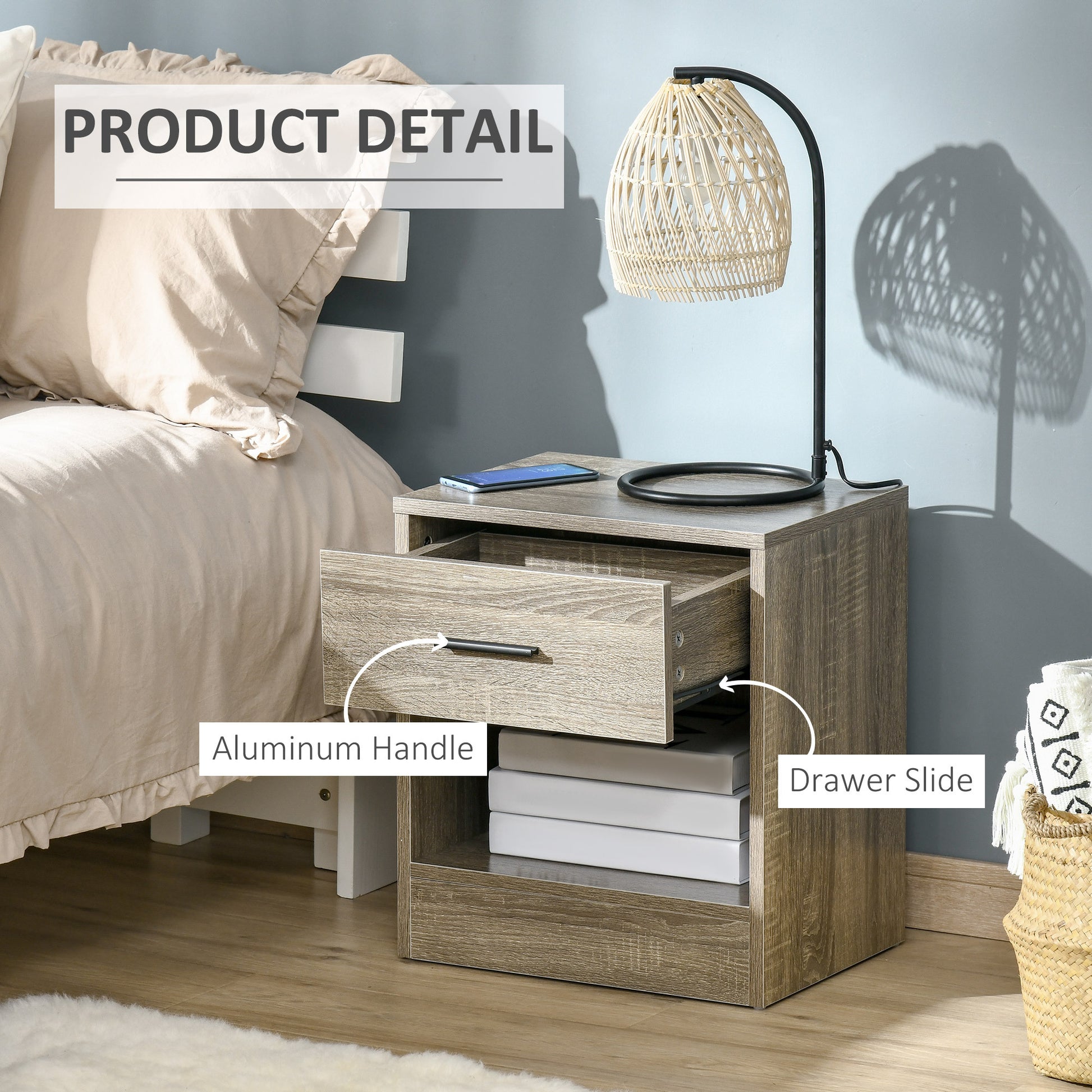 Homcom Side Table, Small End Table With Storage Shelf And Drawer, Modern Bedside Table For Bedroom Or Living Room, Gray Wood Grain Gray Particle Board