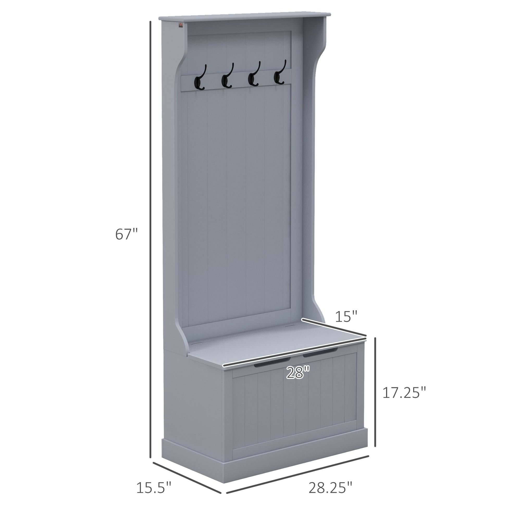 Homcom 28" 3 In 1 Entryway Hall Tree With Storage Bench, Coat Rack With Four Hooks And Shoe Storage, Gray Gray Mdf