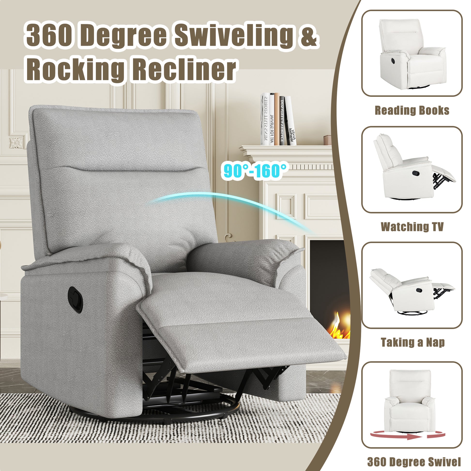 360 Degree Swivel Upholstered Manual Recliner Chair Theater Recliner Sofa Nursery Glider Rocker For Living Room, Grey Grey Foam Linen